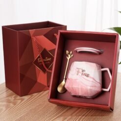 Gift Box With Lid Ceramic Mug With Spoon - Pink Wine Red Box, 301 400ml