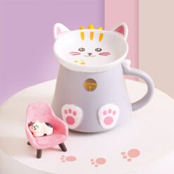 Cartoon Cat Ceramic Mug With Lid Spoon Cup - Grey