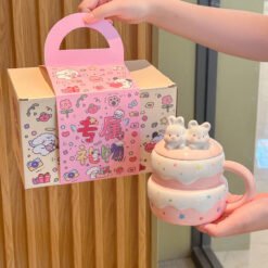 Cute Birthday Cake Mug With Lid And Spoon - Pink, Exclusive gift box