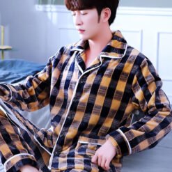 Men's Winter Suit Home Service Plus Size Flannel - Vimi set turmeric grid, L