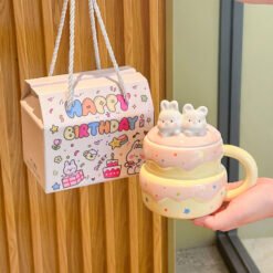 Cute Birthday Cake Mug With Lid And Spoon - Yellow, Birthday gift box