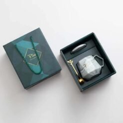 Gift Box With Lid Ceramic Mug With Spoon - Gray Dark Green Box, 301 400ml