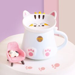 Cartoon Cat Ceramic Mug With Lid Spoon Cup - Blue