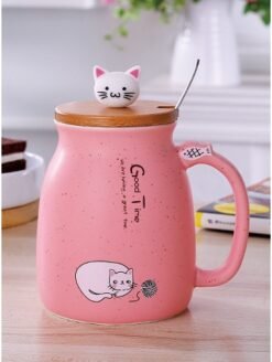 450ml Cartoon Ceramics Cat Mug With Lid and Spoon Coffee Milk Tea Mugs Breakfast Cup Drinkware Novelty Gifts - Pink