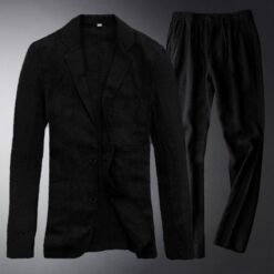 Two-piece Retro Solid Color High-end Simple Casual Suit - Black, XXXL