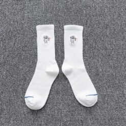 Embroidered cotton socks astronaut all-match socks sports socks - White