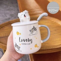 Cartoon Cat Mug With Lid Spoon Cute Ceramic - Grey, Spoon with lid