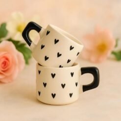 Set Of 2 Handmade Ceramic Mugs With Black Heart Design For Elegant Coffee Moments - Default