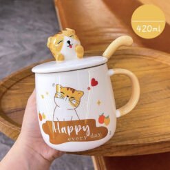 Cartoon Cat Mug With Lid Spoon Cute Ceramic - Yellow, Spoon with lid