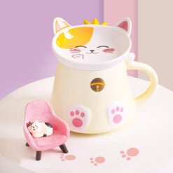 Cartoon Cat Ceramic Mug With Lid Spoon Cup - Yellow