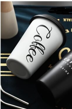 ROKEN Stainless Steel Cups with Lids & Straws 350ML Metal Drinking Mugs Coffee Mug Food Grade Cups BPA Free for Children Adults - COFFEE WHITE