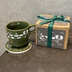 Dachshund Dog Coffee Cup Gift Box - Green Sausage Dog, Cup and Cushion