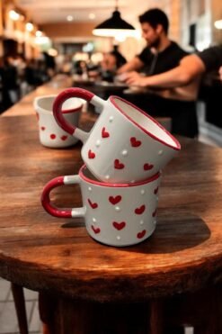 Set Of 2 Handmade Ceramic Mugs With Heart And Polka Dot Patterns - Default
