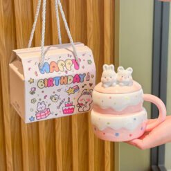 Cute Birthday Cake Mug With Lid And Spoon - Pink, Birthday gift box