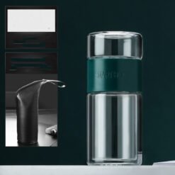 Double-layer Tea And Water Separated Glass Cups, Tea Cups, Creative Gift Cups - Green with cup holder, 200ML