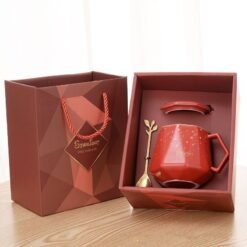 Gift Box With Lid Ceramic Mug With Spoon - Starry Red Wine Red Box, 301 400ml