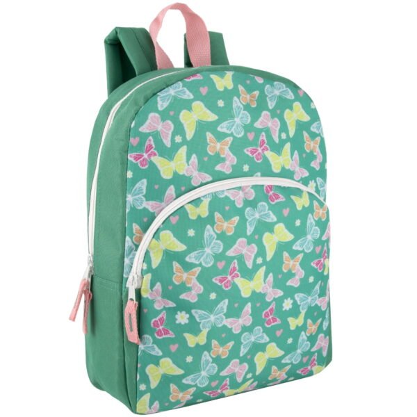 15 Inch Fun Printed Backpack with Front Zippered Pocket & Padded Adjustable Shoulder Straps in Beautiful Butterflies