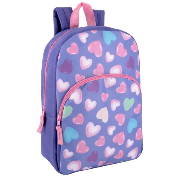 15 Inch Fun Printed Backpack with Front Zippered Pocket & Padded Adjustable Shoulder Straps in Happy Pastel Hearts