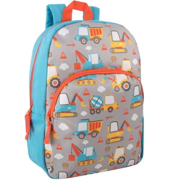 15 Inch Fun Printed Backpack with Front Zippered Pocket & Padded Adjustable Shoulder Straps in&nbsp;Construction Trucks