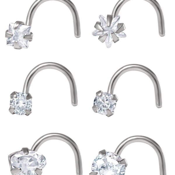 Body Jewelry Women's Adult 22G Stainless-Steel Multi Shape Crystal Nose Ring, 6 Pack