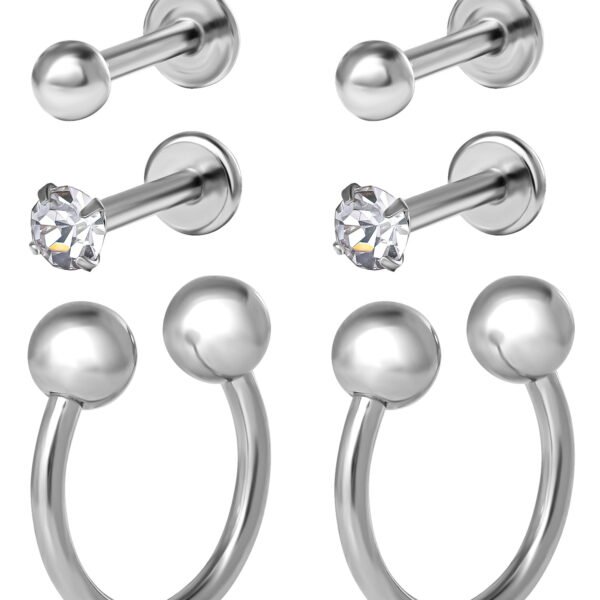 Body Jewelry Women's Stainless Steel 16 Gauge Crystal Labret & Monroe Nose Ring, 4 Pack