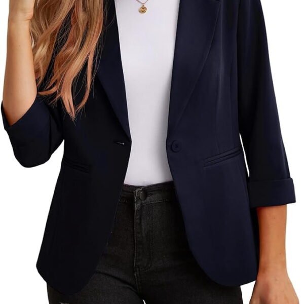 JWD Women's Casual 3/4 Ruched Sleeve Blazer - Slim Fit Open Front Notched Lapel Work Office Suit Jacket with Pockets Navy Blue 6