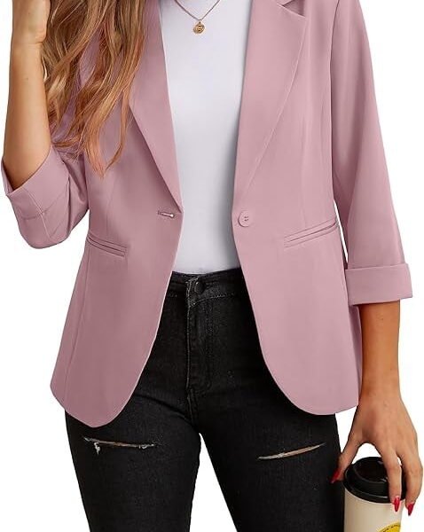 JWD Women's Casual 3/4 Ruched Sleeve Blazer - Slim Fit Open Front Notched Lapel Work Office Suit Jacket with Pockets Pink 12