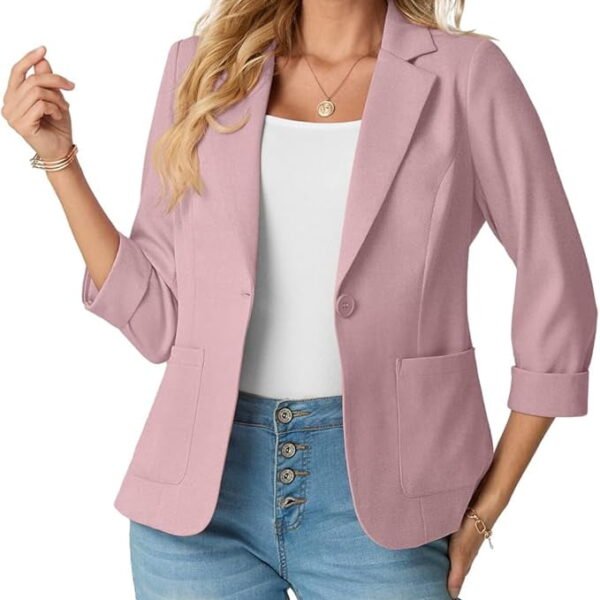 JWD Women's Slim Fit 3/4 Sleeve Notched Lapel Blazer - One Button Business Office Jacket with Pockets Pink 12
