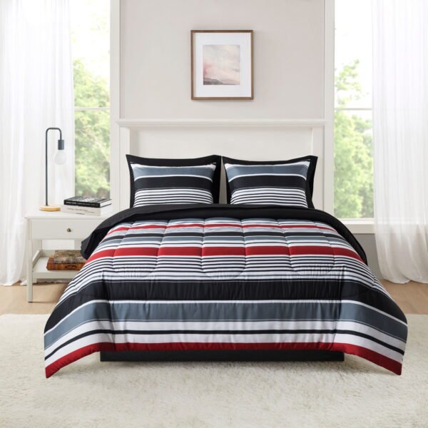 Mainstays 7-Piece Reversible Bed in a Bag Comforter Set with Sheets, Red and Black Stripe, King