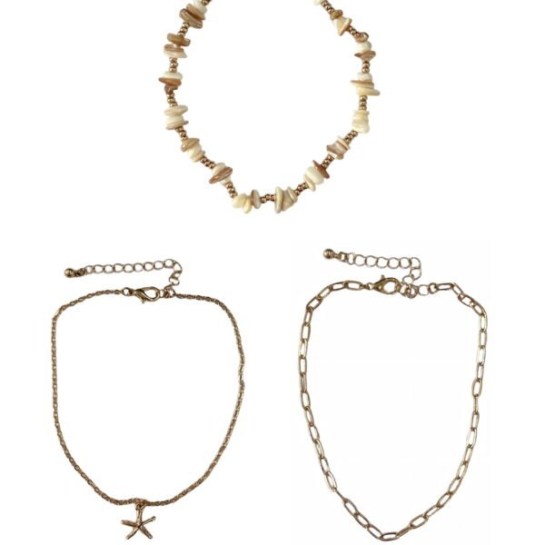 Time and Tru Ivory and Gold Plated Shells and Starfish Anklets for Female Adults and Teens, 3 pack