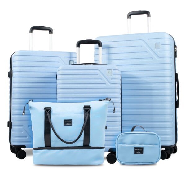 Travelhouse 5-Piece Hardside Luggage Set Spinner Lightweight Suitcase with TSA Lock & Duffel Bag,Light Blue