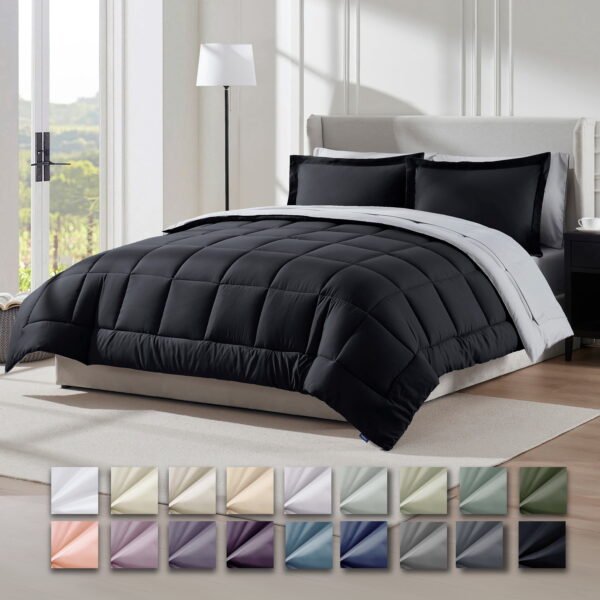 Virtu Queen Comforter Set, 7 Piece Bed in a Bag, Bedding Comforter Set with Sheets, Reversible Bedding Sets, Black