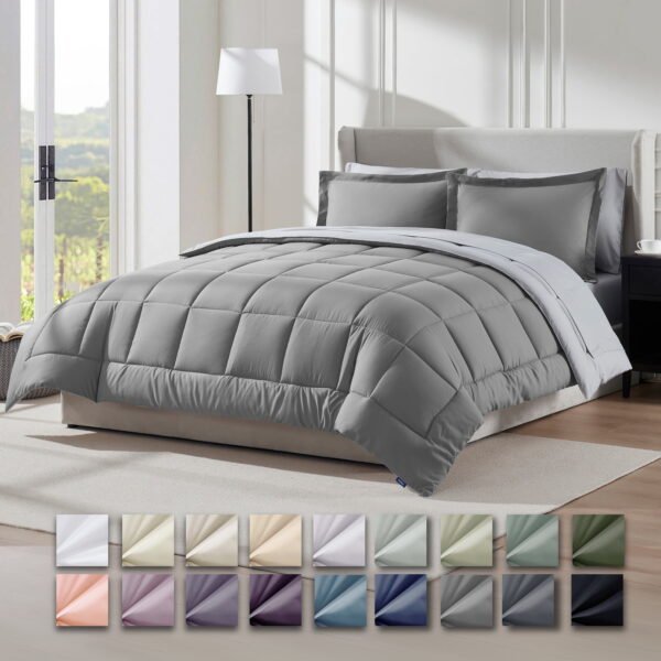 Virtu Queen Comforter Set, 7 Piece Bed in a Bag, Bedding Comforter Set with Sheets, Reversible Bedding Sets, Gray