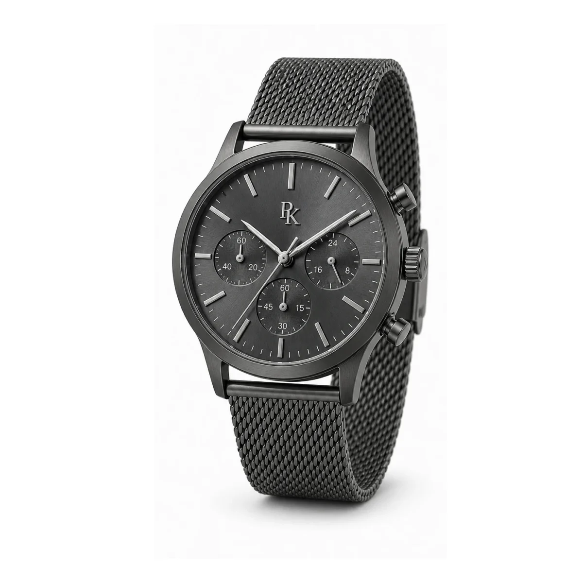 rk-tmp-42-gph-msh-angle Royal Kinzy Tempo 42mm Graphite Mesh Chronograph Watch - Image 3
