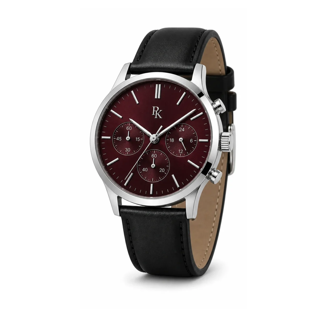 rk-tmp-44-brg-lth-angle Royal Kinzy Tempo 44mm Burgundy Leather Chronograph Watch - Image 3