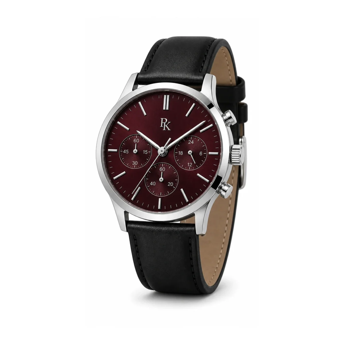 rk-tmp-44-brg-lth-front Royal Kinzy Tempo 44mm Burgundy Leather Chronograph Watch - Image 2