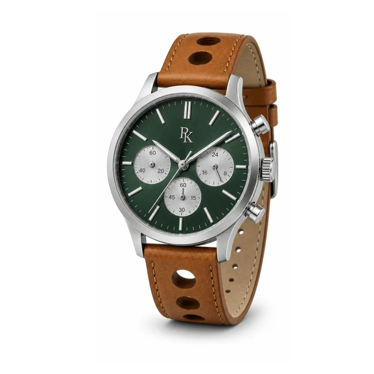 rk-tmp-44-grn-tan-angle Royal Kinzy Tempo 44mm Green Tan Chronograph Watch - Image 3