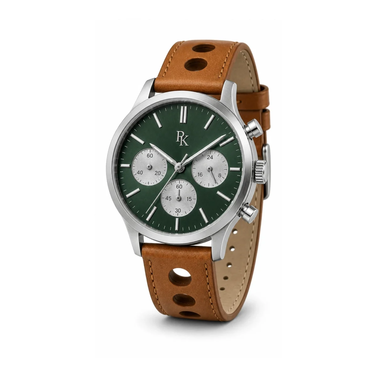 rk-tmp-44-grn-tan-front Royal Kinzy Tempo 44mm Green Tan Chronograph Watch - Image 2